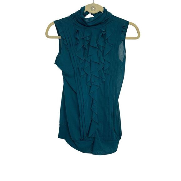 The Limited Blouse Womens XS Teal Mock Neck Sleeveless Ruffle Front Keyhole Back - Picture 1 of 8
